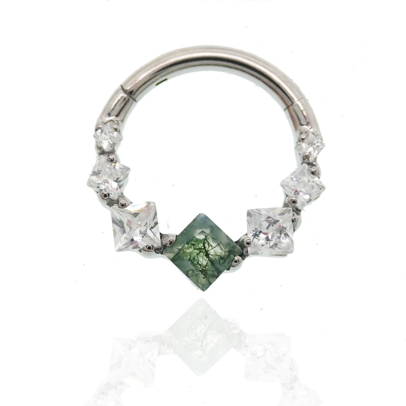 Moss Agate 8mm titanium clicker body jewelry by Magpie Body Jewelry, 16g, featuring a natural moss agate stone design.