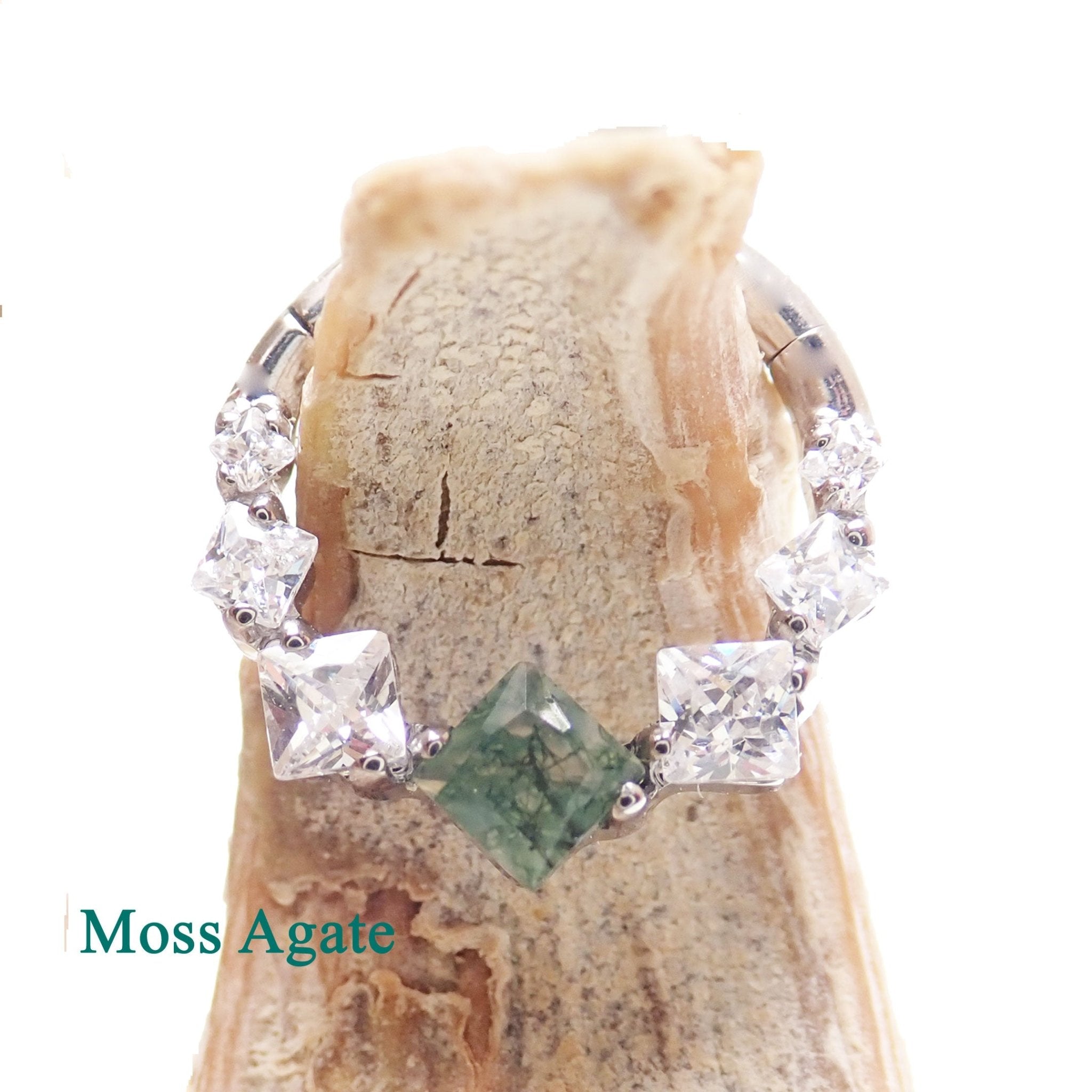 Moss Agate 8mm titanium clicker earring from Magpie Body Jewelry, featuring a natural stone design and 16g gauge.