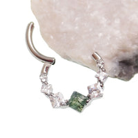 Moss Agate 8mm titanium clicker body jewelry, 16g, with natural stone pattern and secure clicker clasp.