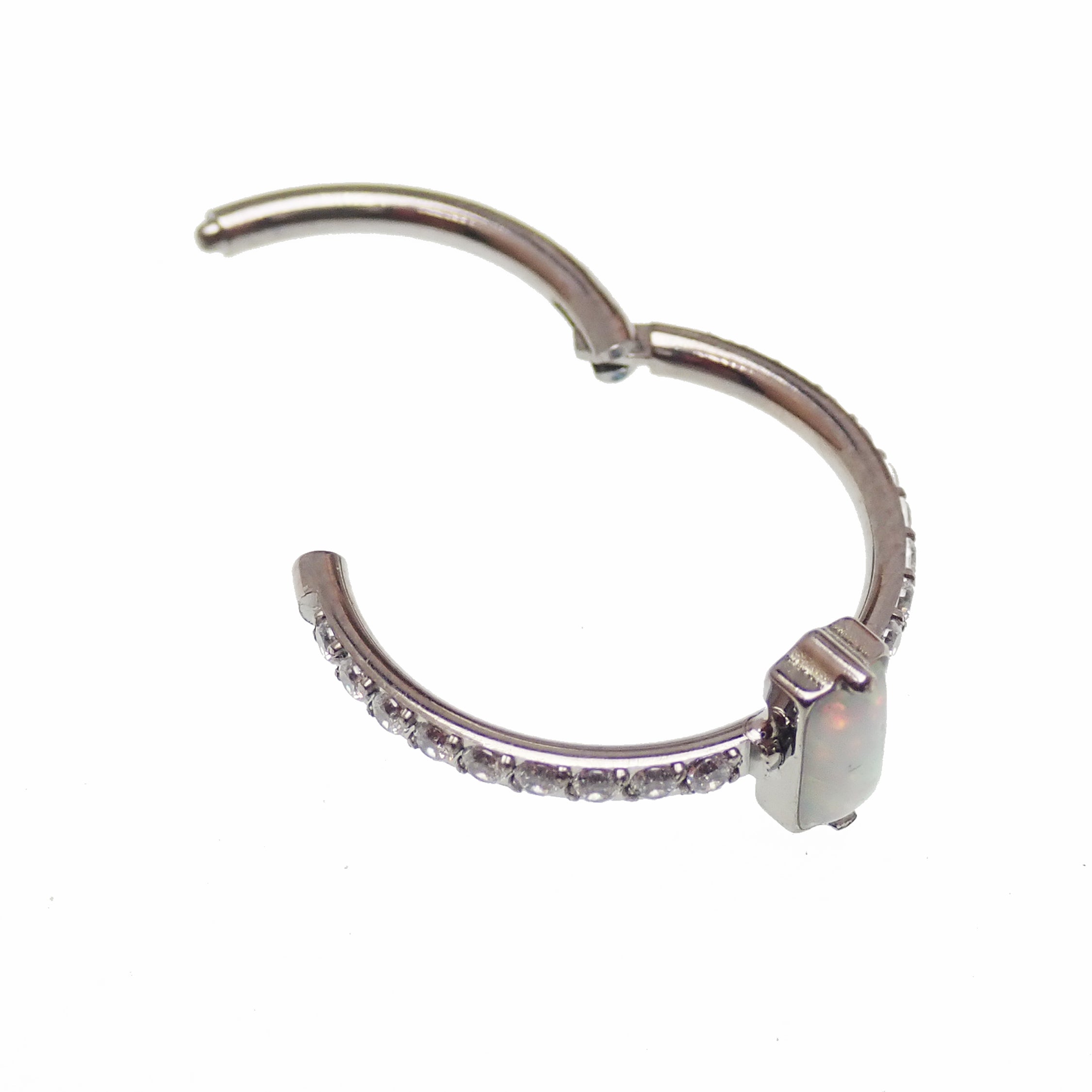Rectangular white opal CZ titanium clicker earring in 16g size with 11mm length, designed for body jewelry piercings.