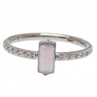 Rectangular white opal CZ titanium clicker earring in 16g size with 11mm width, featuring a sleek modern design.