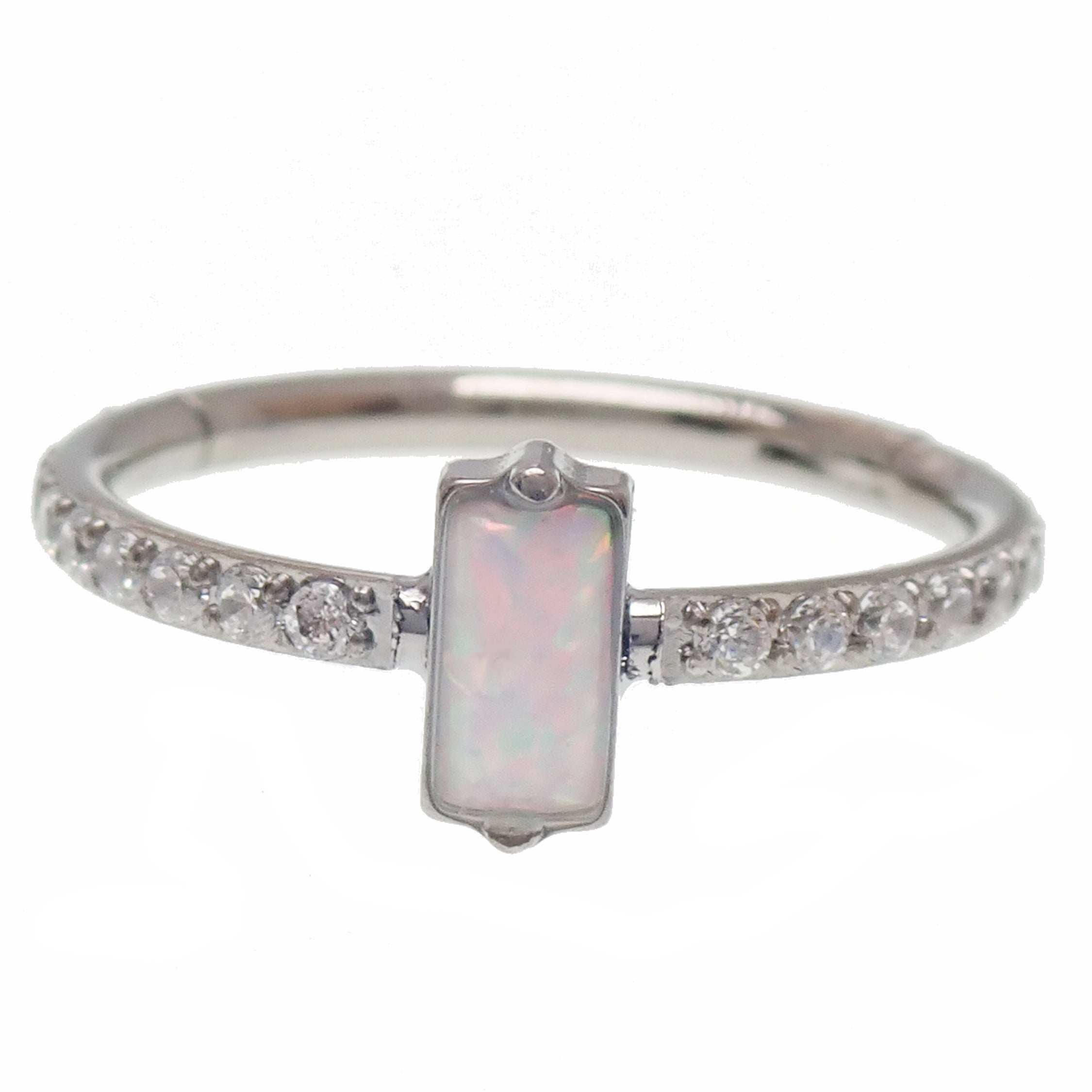 Rectangular white opal CZ titanium clicker earring in 16g size with 11mm width, featuring a sleek modern design.