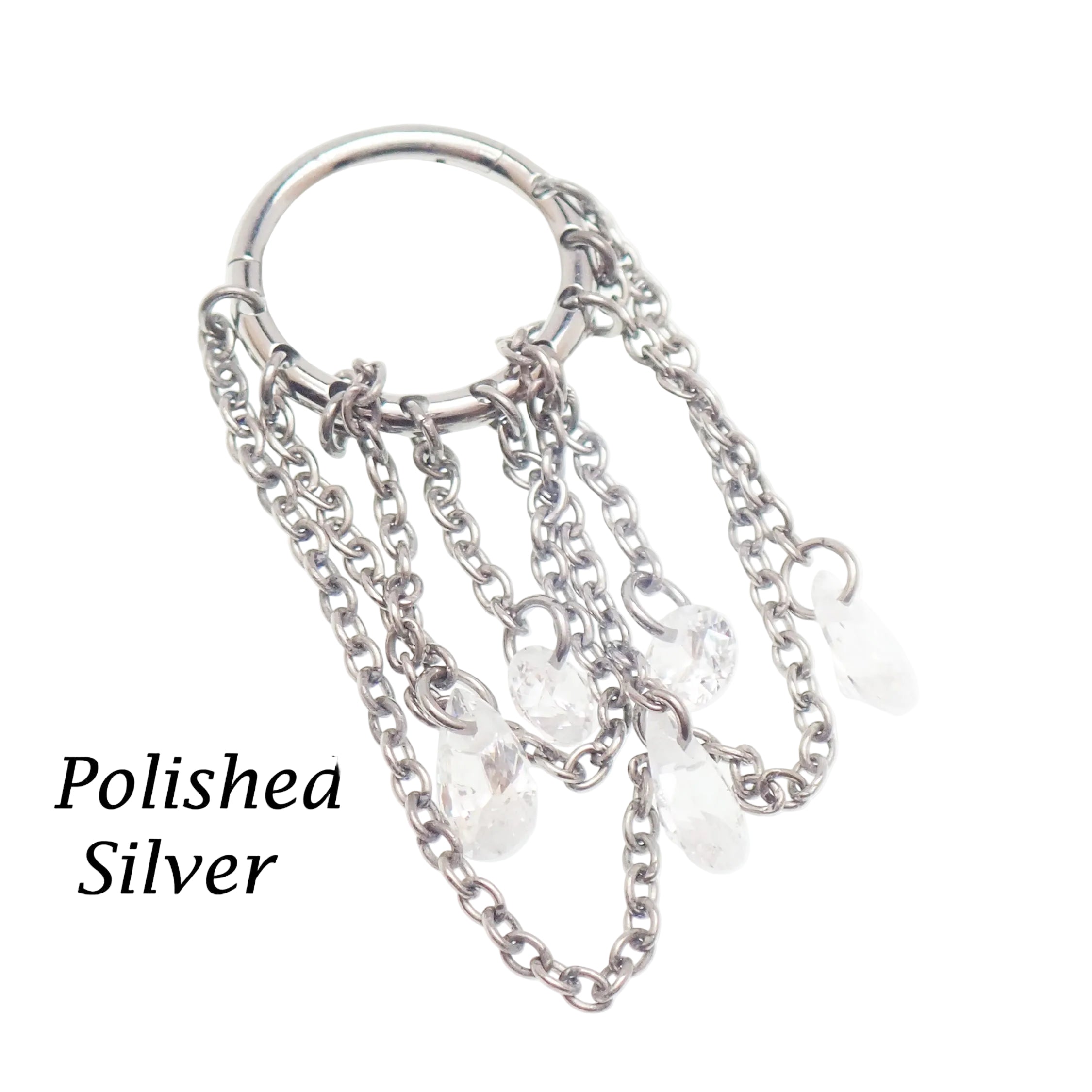 Silver 16g titanium multi-chain clicker with unique flat design, 8mm and 10mm sizes from Magpie Body Jewelry.