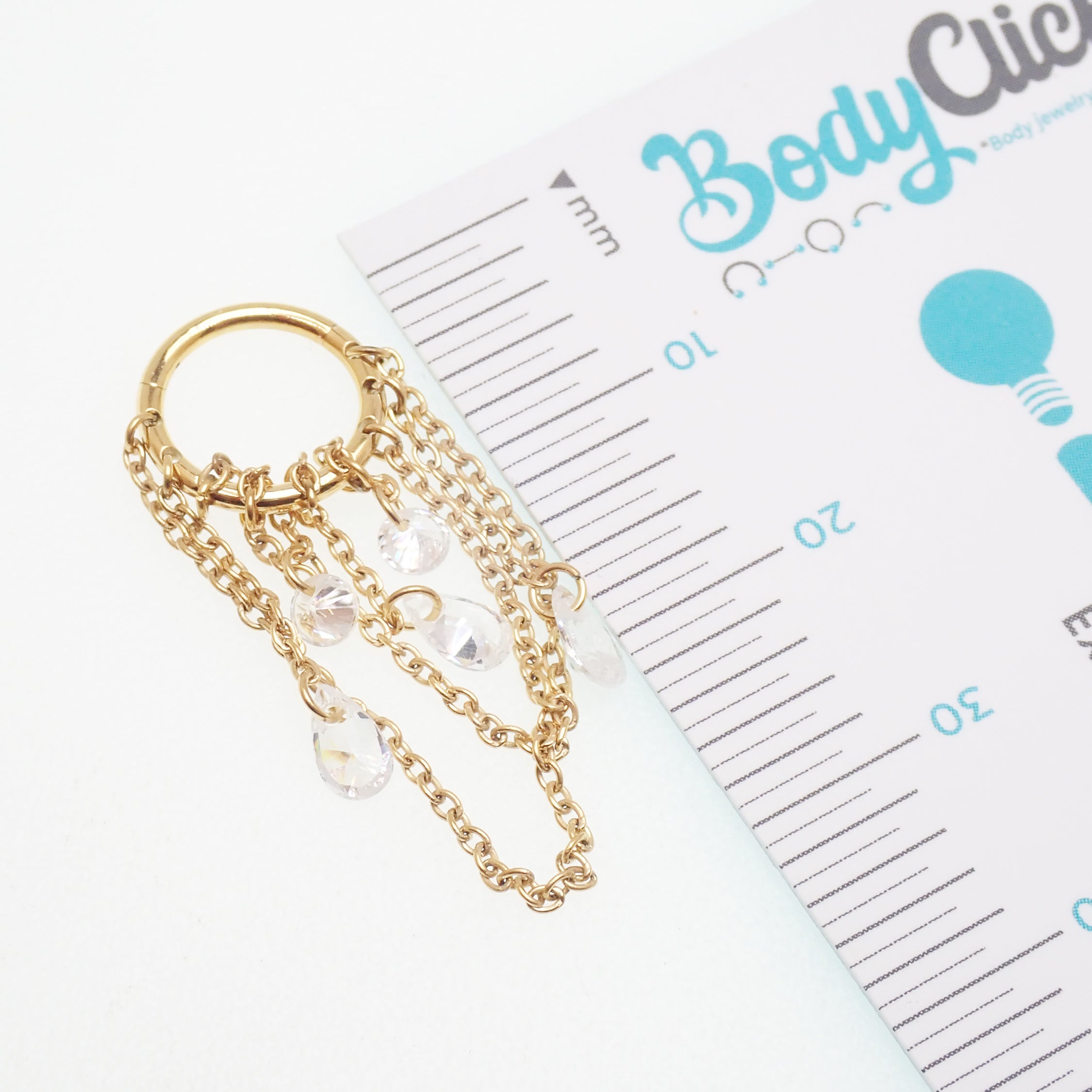 Multi-chain titanium clicker jewelry in 8mm and 10mm sizes, featuring a unique design for body piercing.