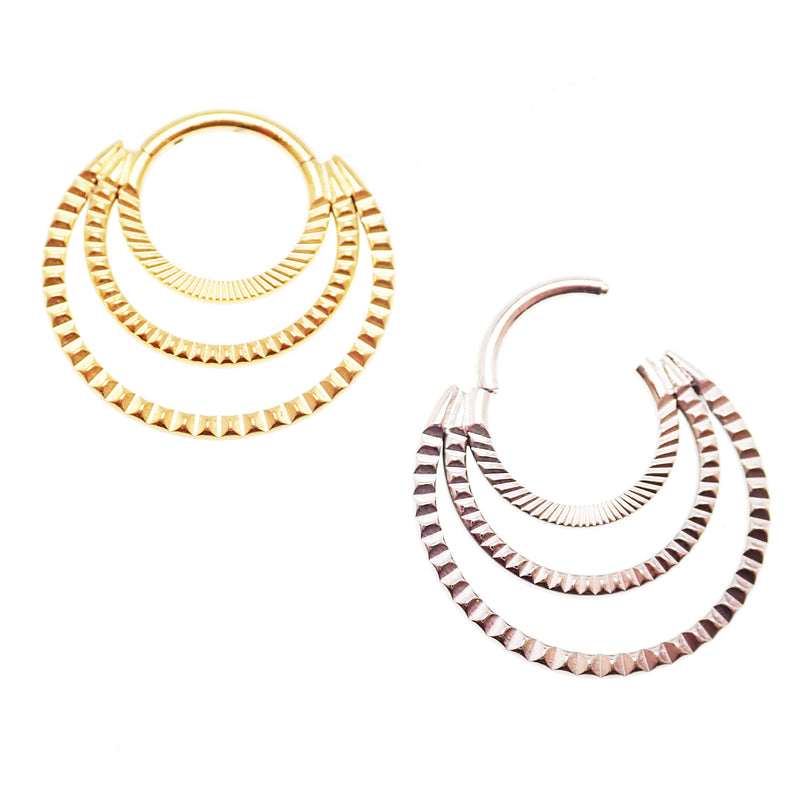 Gold or titanium triple clicker hoop for septum and daith piercings, 16G with 8mm and 10mm sizes, by Magpie Body Jewelry