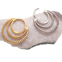 Magpie Body Jewelry 24k PVD gold or polished titanium triple clicker hoop, 16G septum and daith piercing jewelry with 8mm & 10mm rings.