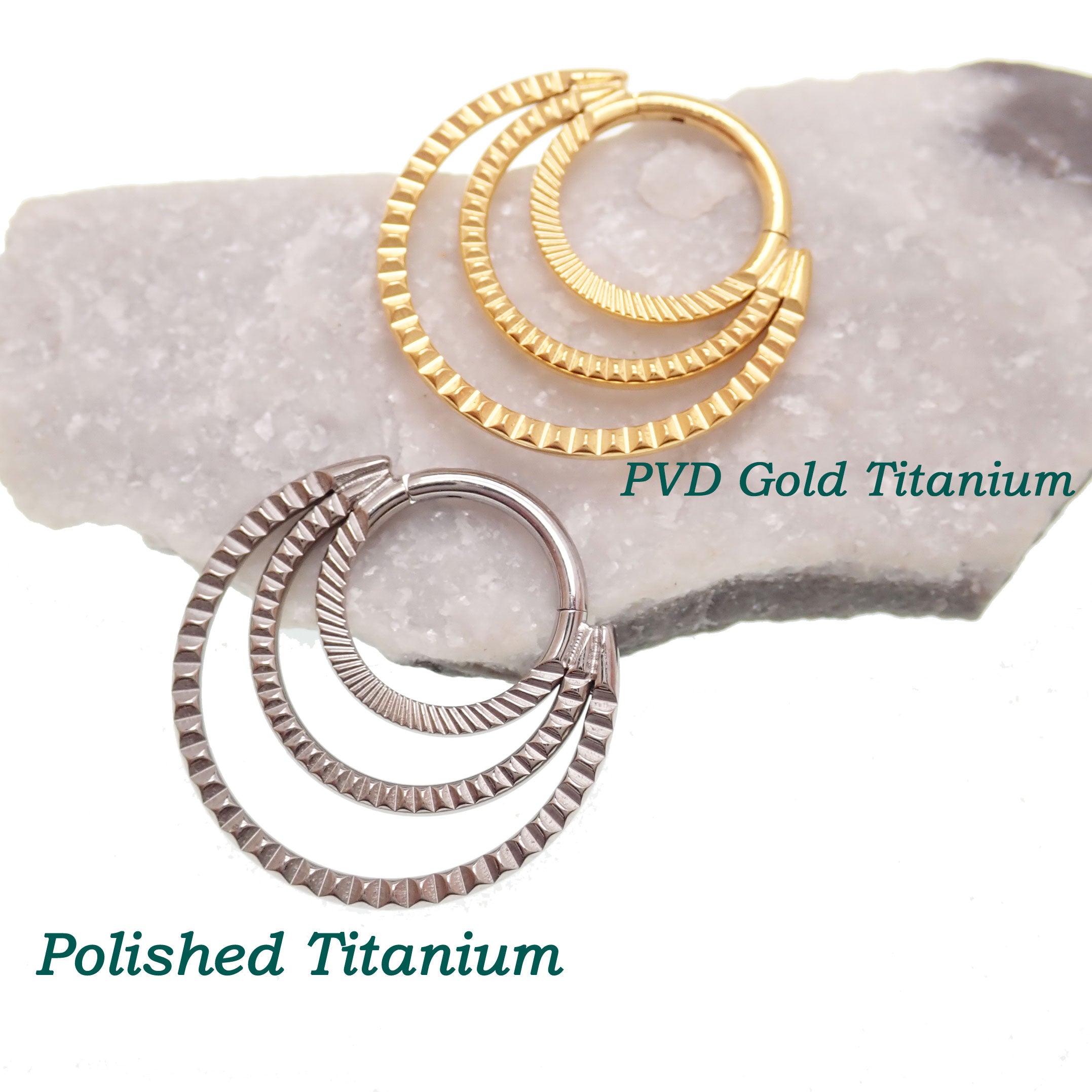 24k PVD gold or polished titanium triple clicker hoop, 16G septum and daith jewelry with 8mm and 10mm rings, by Magpie Body Jewelry.