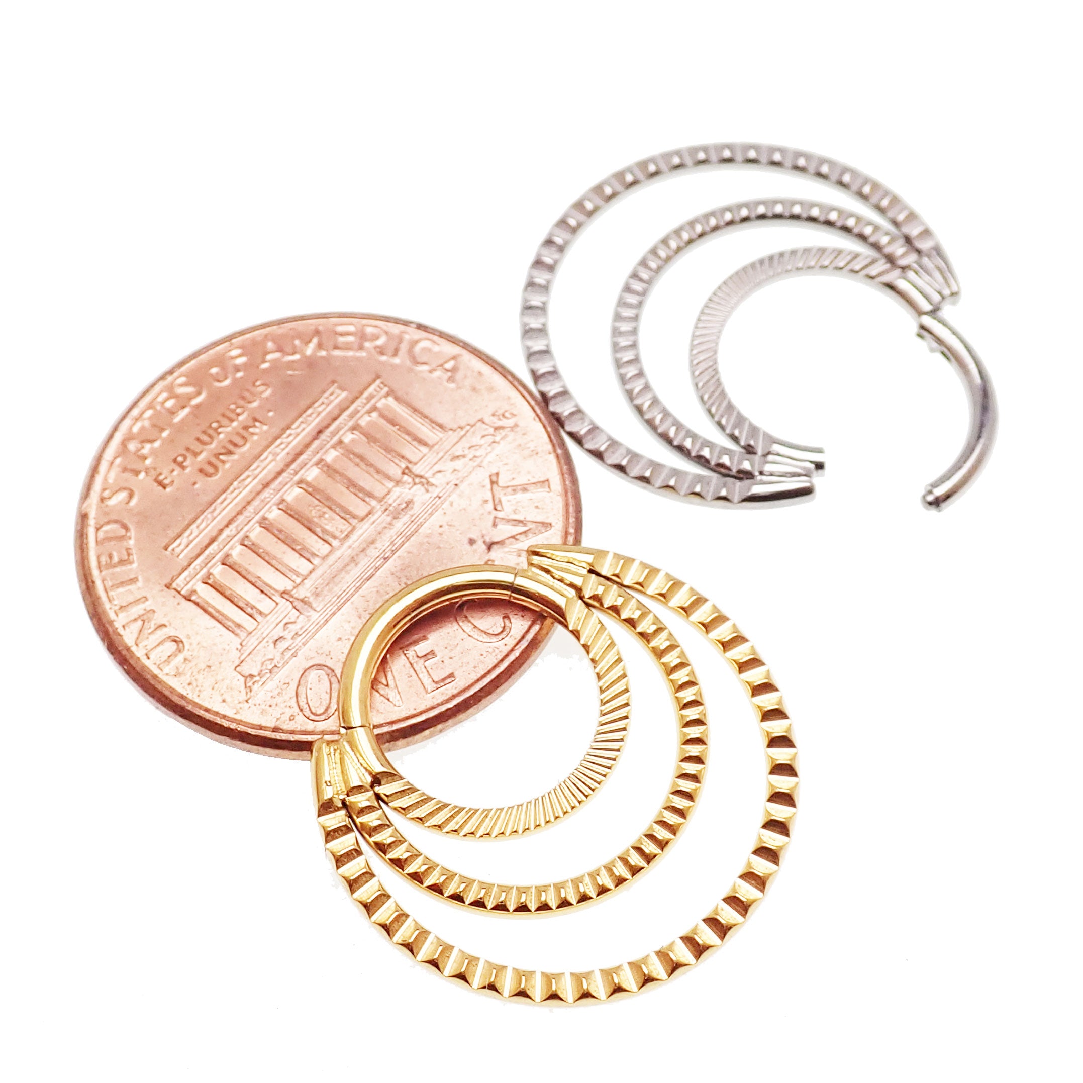 Magpie Body Jewelry 24k PVD gold or polished titanium triple clicker hoop for septum and daith, 16G with 8mm and 10mm rings.