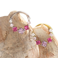Pink and purple gemstone 16g titanium CZ clicker hoop body jewelry with 8mm diameter, by Magpie.