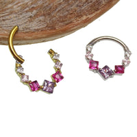 16g titanium CZ clicker hoop with pink and purple stones, 8mm body jewelry by Magpie.