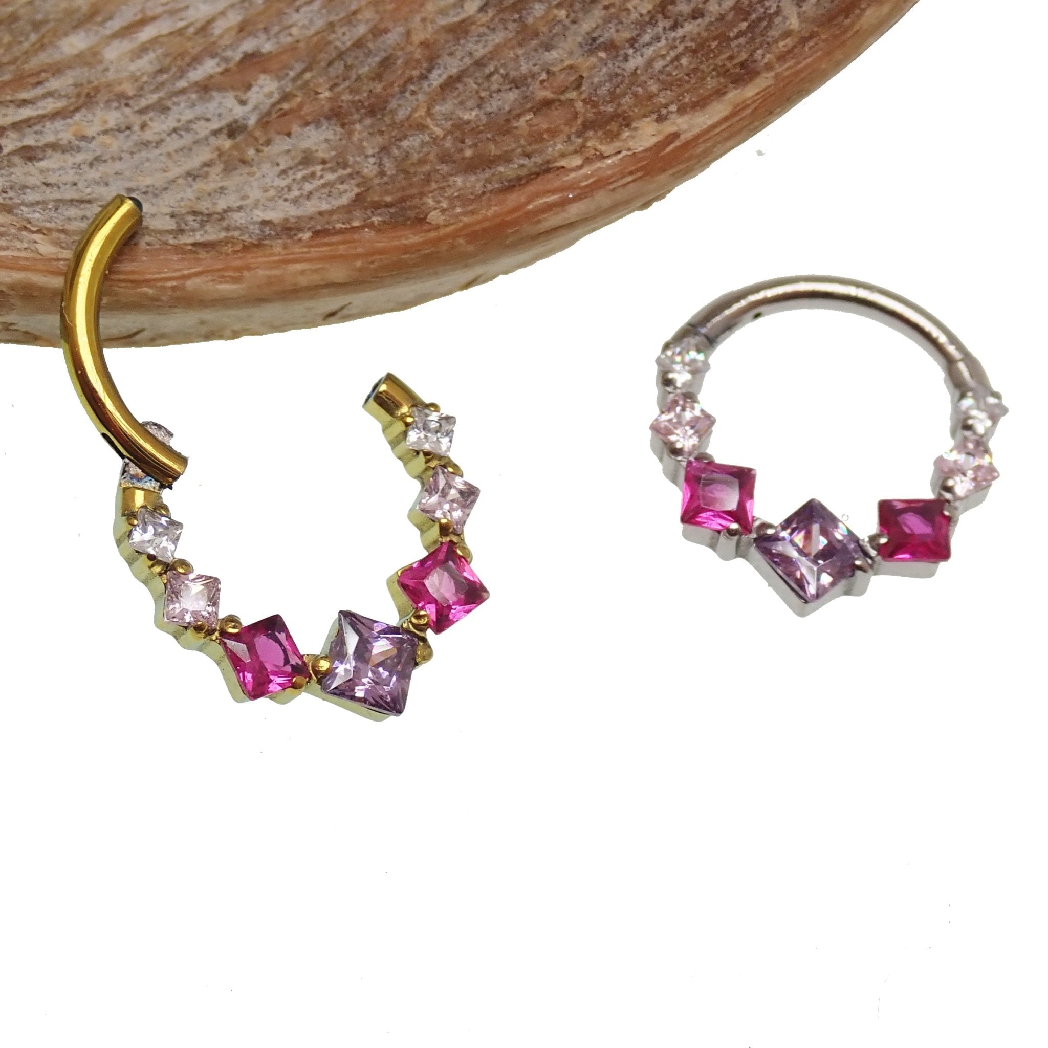 16g titanium CZ clicker hoop with pink and purple stones, 8mm body jewelry by Magpie.
