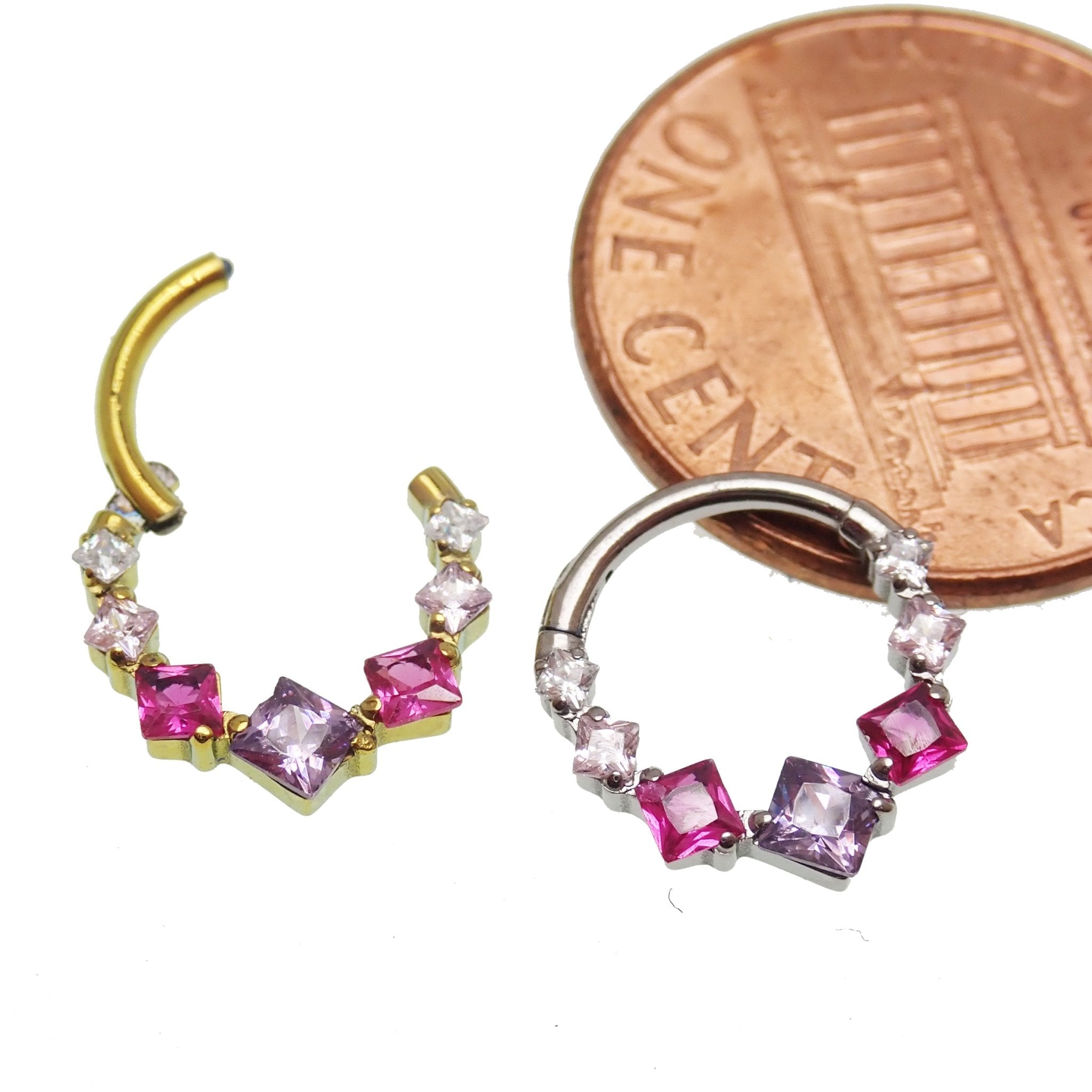 Pink and purple titanium 16g CZ clicker hoop with 8mm stones, body jewelry by Magpie, featuring vibrant, sparkling gemstone accents.
