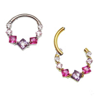 16g titanium CZ clicker hoop body jewelry with pink and purple stones, 8mm diameter, by Magpie.