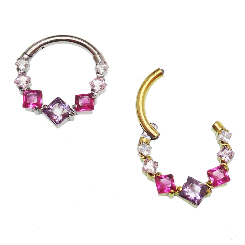 16g titanium CZ clicker hoop body jewelry with pink and purple stones, 8mm diameter, by Magpie.