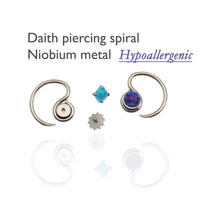 Niobium daith spiral body jewelry by Magpie, 16g with customizable top design, suitable for daith piercing.