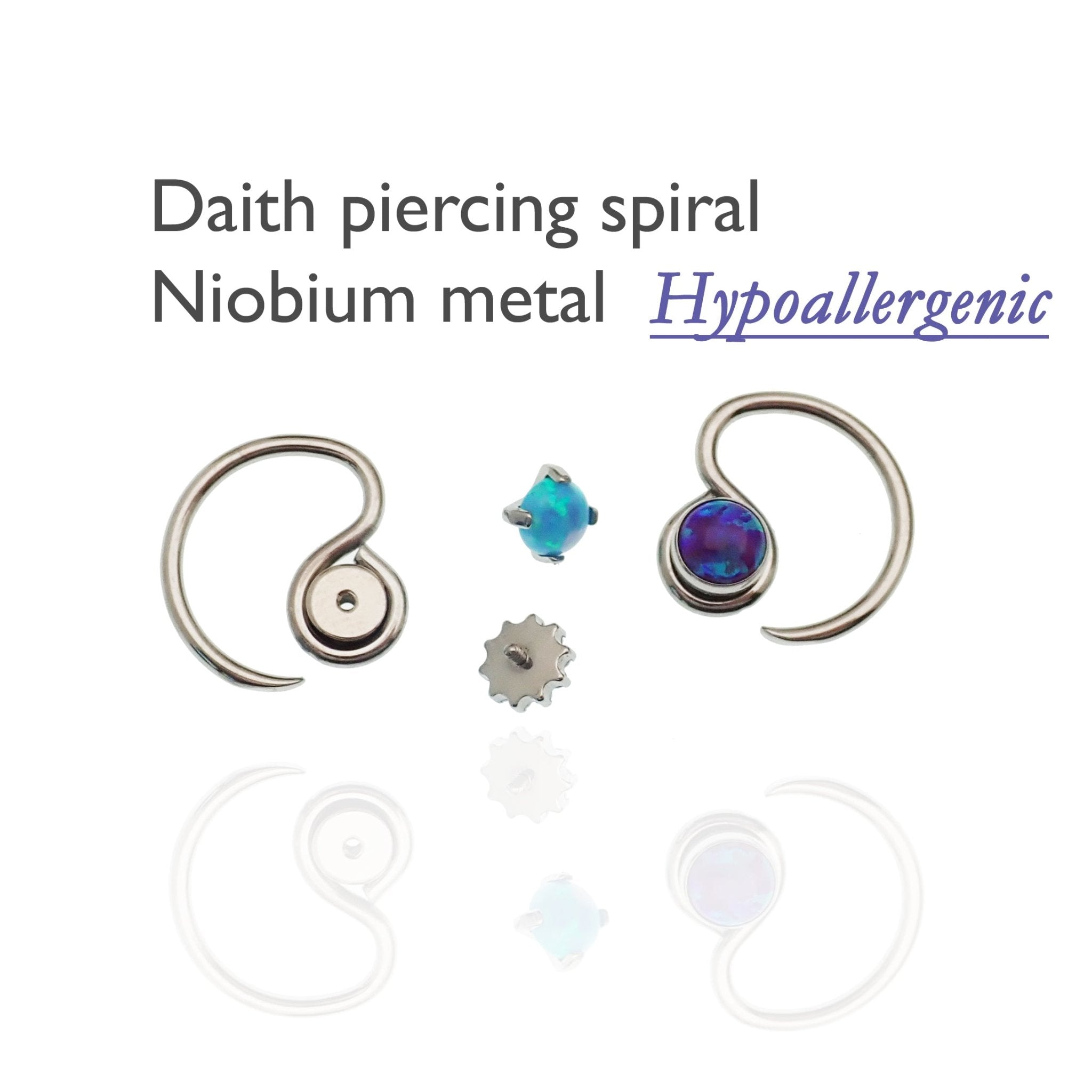 Niobium daith spiral body jewelry by Magpie, 16g with customizable top design, suitable for daith piercing.