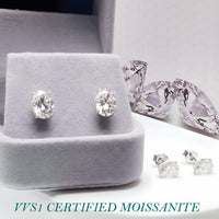 Sterling silver moissanite oval earrings with certificate, 5x7mm size, elegant jewelry from Magpie Body Jewelry.