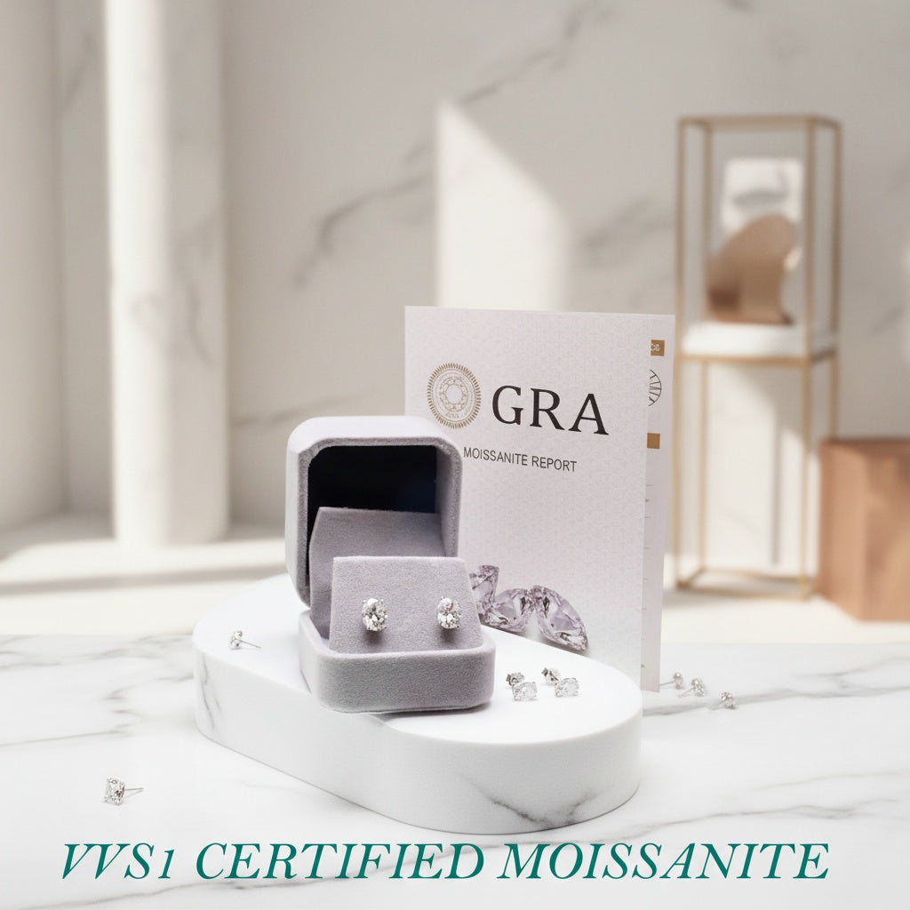 Sterling silver moissanite oval earrings with certificate, 5x7mm size, featuring sparkling 1.0ct moissanite stones.