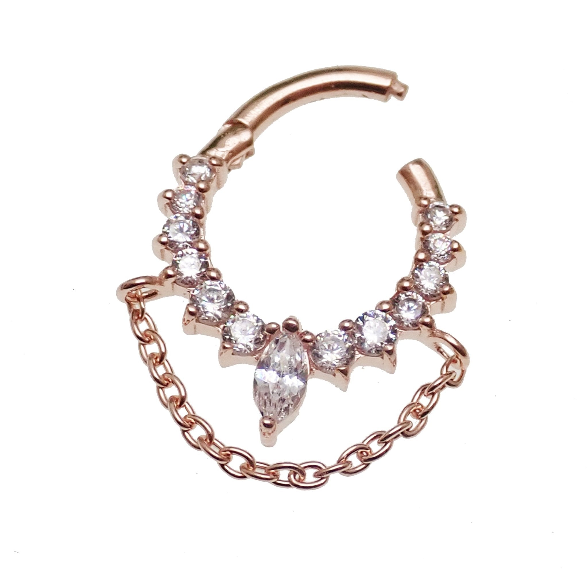 Rose gold over sterling silver hinged clicker earring, 16 gauge, from Magpie Body Jewelry, with a polished, smooth finish.