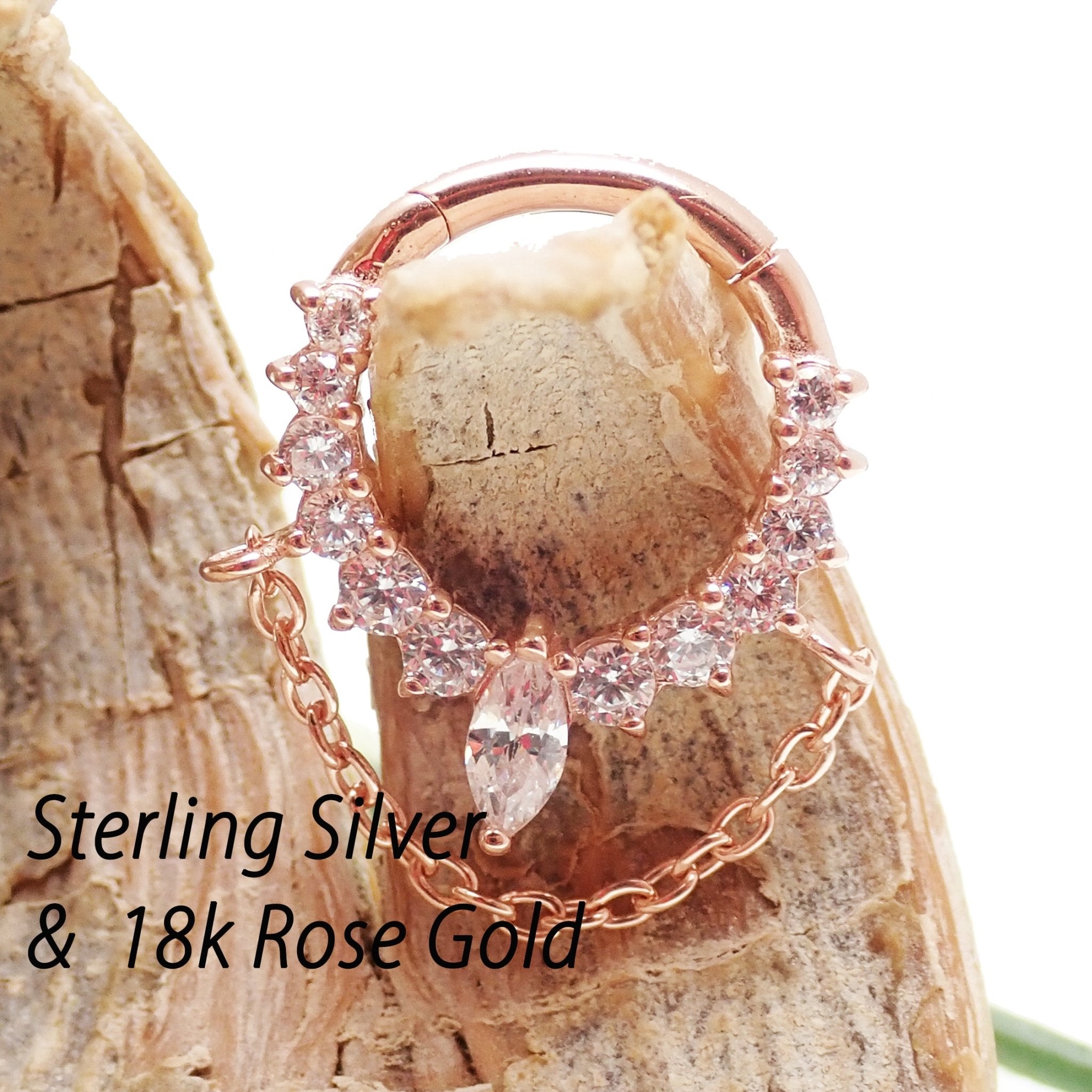 Rose gold over sterling silver hinged clicker earring, 16g, from magpie body jewelry, shown with open hinge and smooth finish.