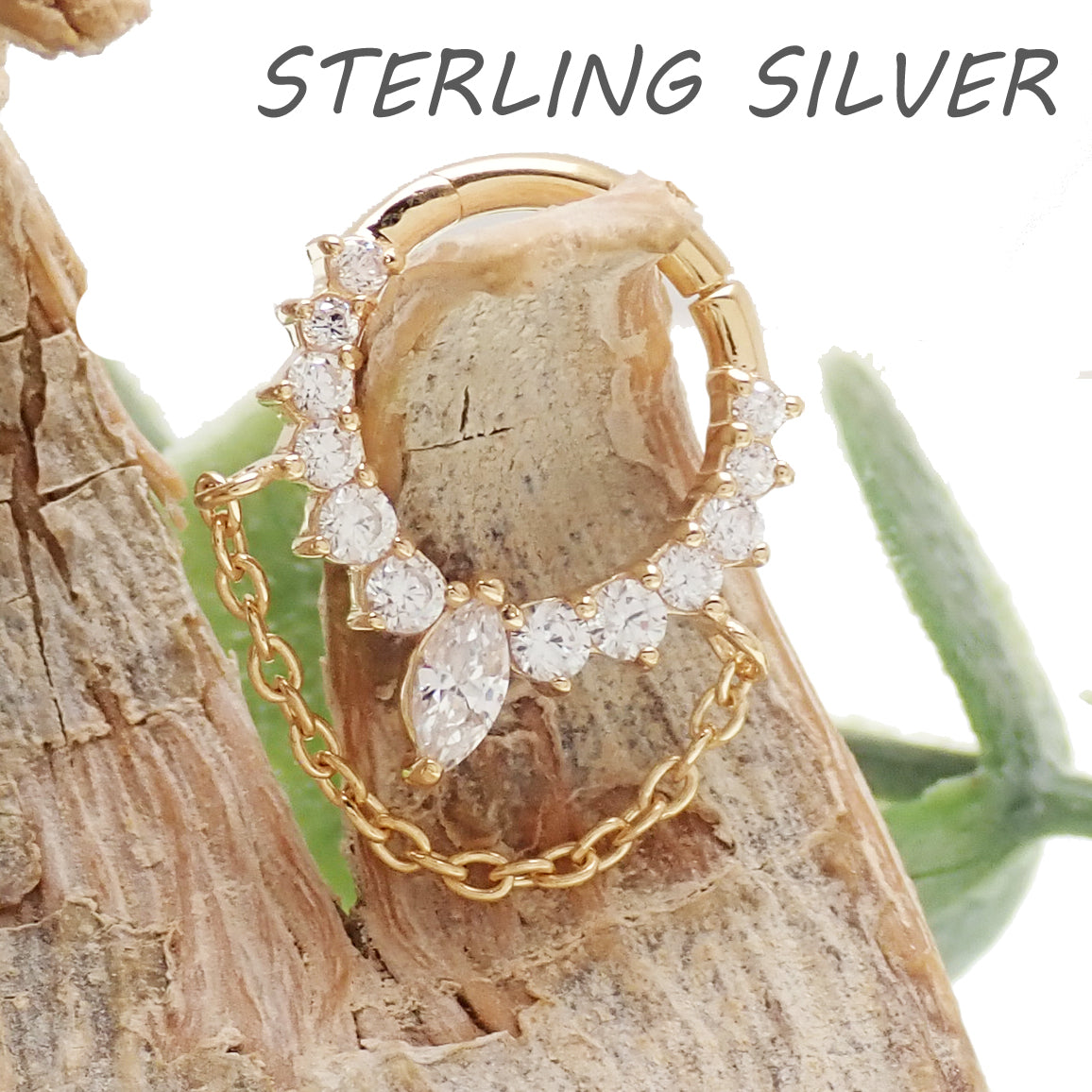 Sterling silver hinged clicker earring with 18k yellow gold over silver, 16g, stylish body jewelry by Magpie Body Jewelry