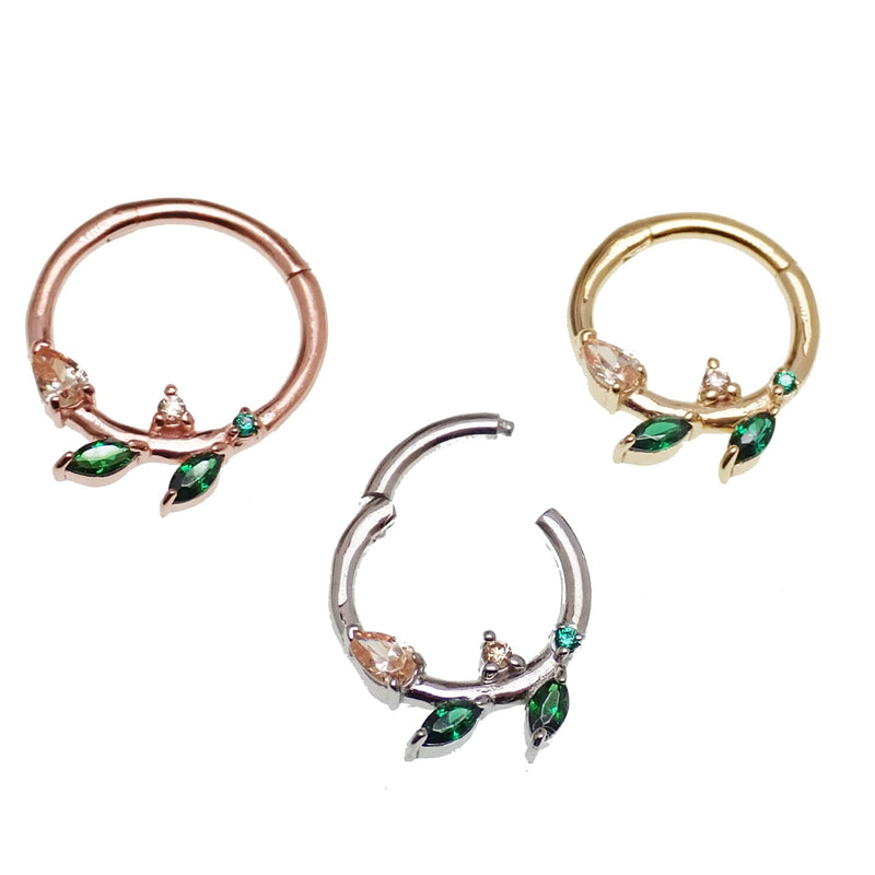 Sterling silver 925 leaf hinged clicker earrings with emerald green cubic zirconia from Magpie Body Jewelry
