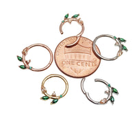 Sterling silver 925 leaf hinged clicker earring with emerald green cubic zirconia from magpie body jewelry