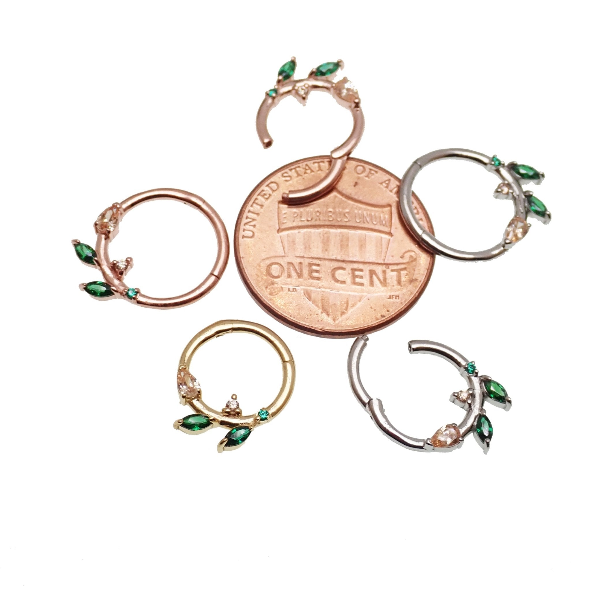 Sterling silver 925 leaf hinged clicker earring with emerald green cubic zirconia from magpie body jewelry
