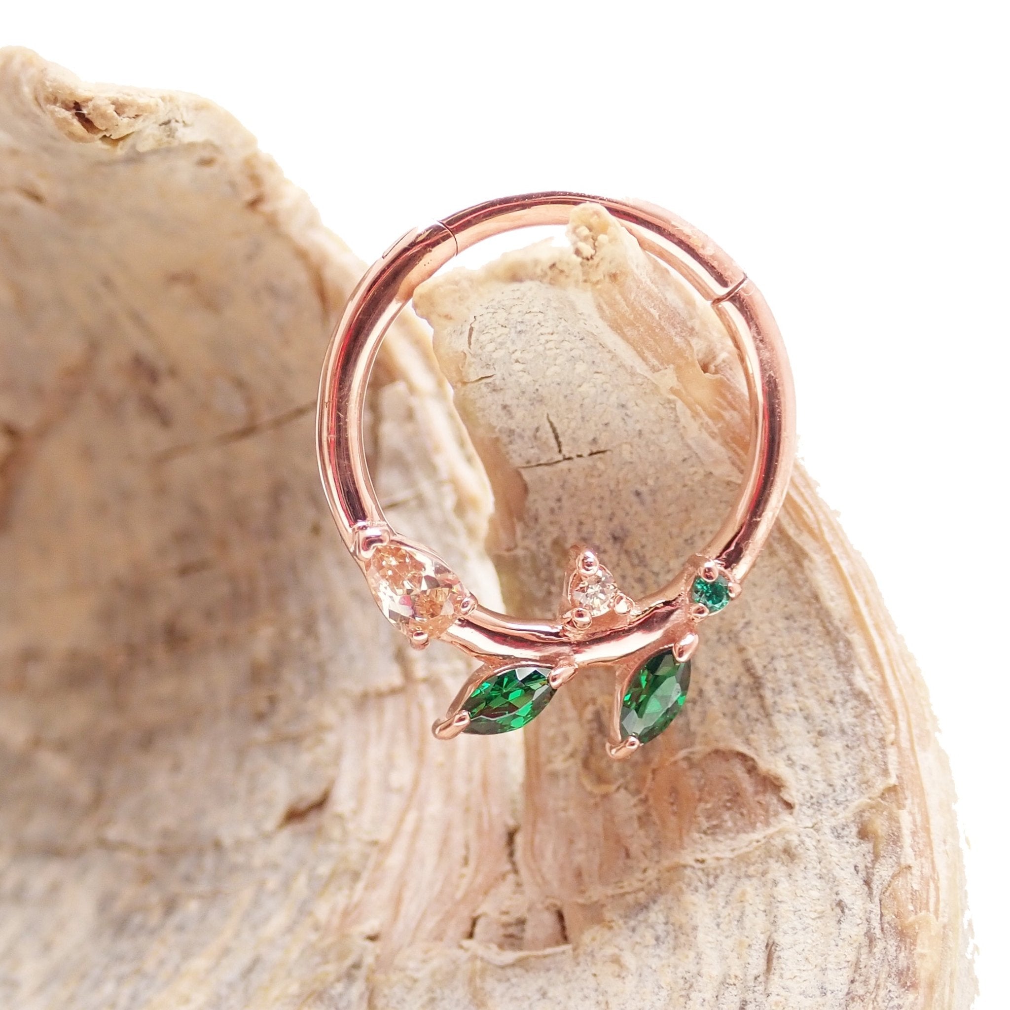 Sterling silver 925 leaf hinged clicker ear cuff with emerald green cubic zirconia by Magpie Body Jewelry