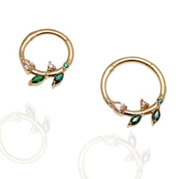 Sterling silver 925 leaf hinged clicker earring with emerald green cubic zirconia from magpie body jewelry