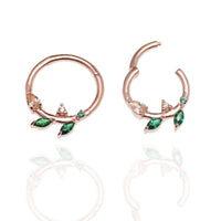 Sterling silver 925 leaf hinged clicker earring with emerald green cubic zirconia from Magpie Body Jewelry