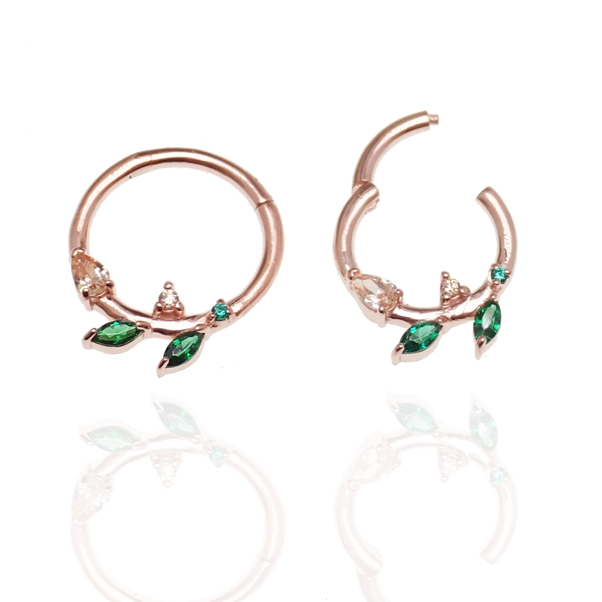 Sterling silver 925 leaf hinged clicker earring with emerald green cubic zirconia from Magpie Body Jewelry