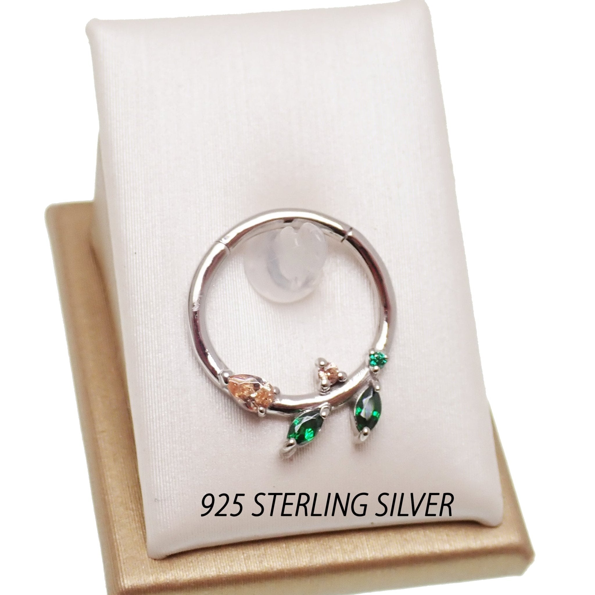 Sterling silver 925 leaf hinged clicker earring with emerald green cubic zirconia from Magpie Body Jewelry