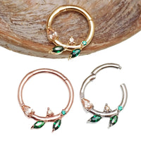 Sterling silver 925 leaf hinged clicker earring with emerald green cubic zirconia by Magpie Body Jewelry