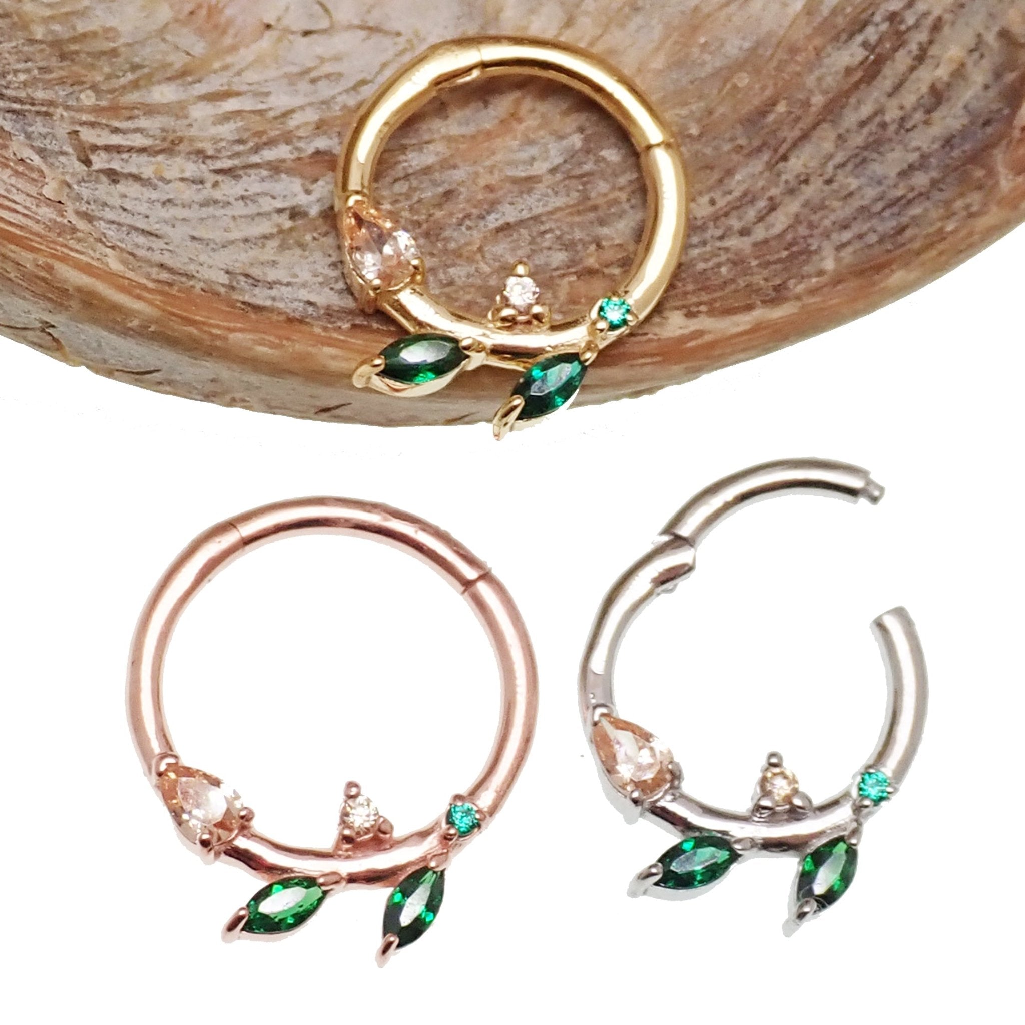Sterling silver 925 leaf hinged clicker earring with emerald green cubic zirconia by Magpie Body Jewelry