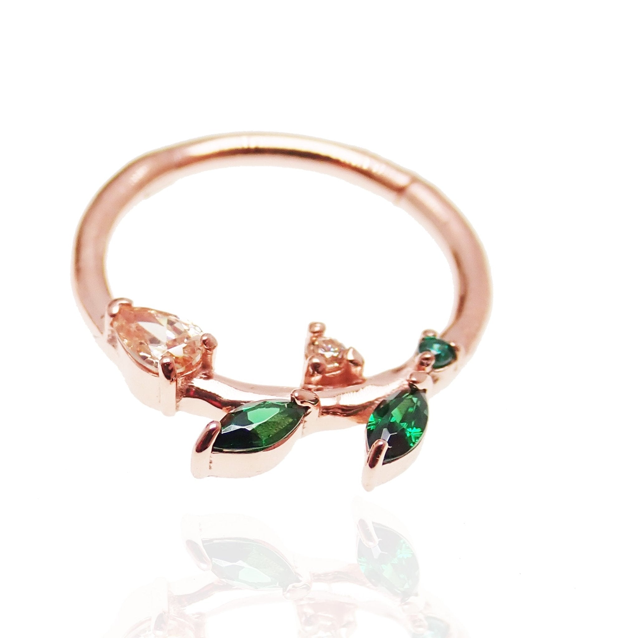 Sterling silver 925 leaf hinged clicker earring with emerald green cubic zirconia by Magpie Body Jewelry