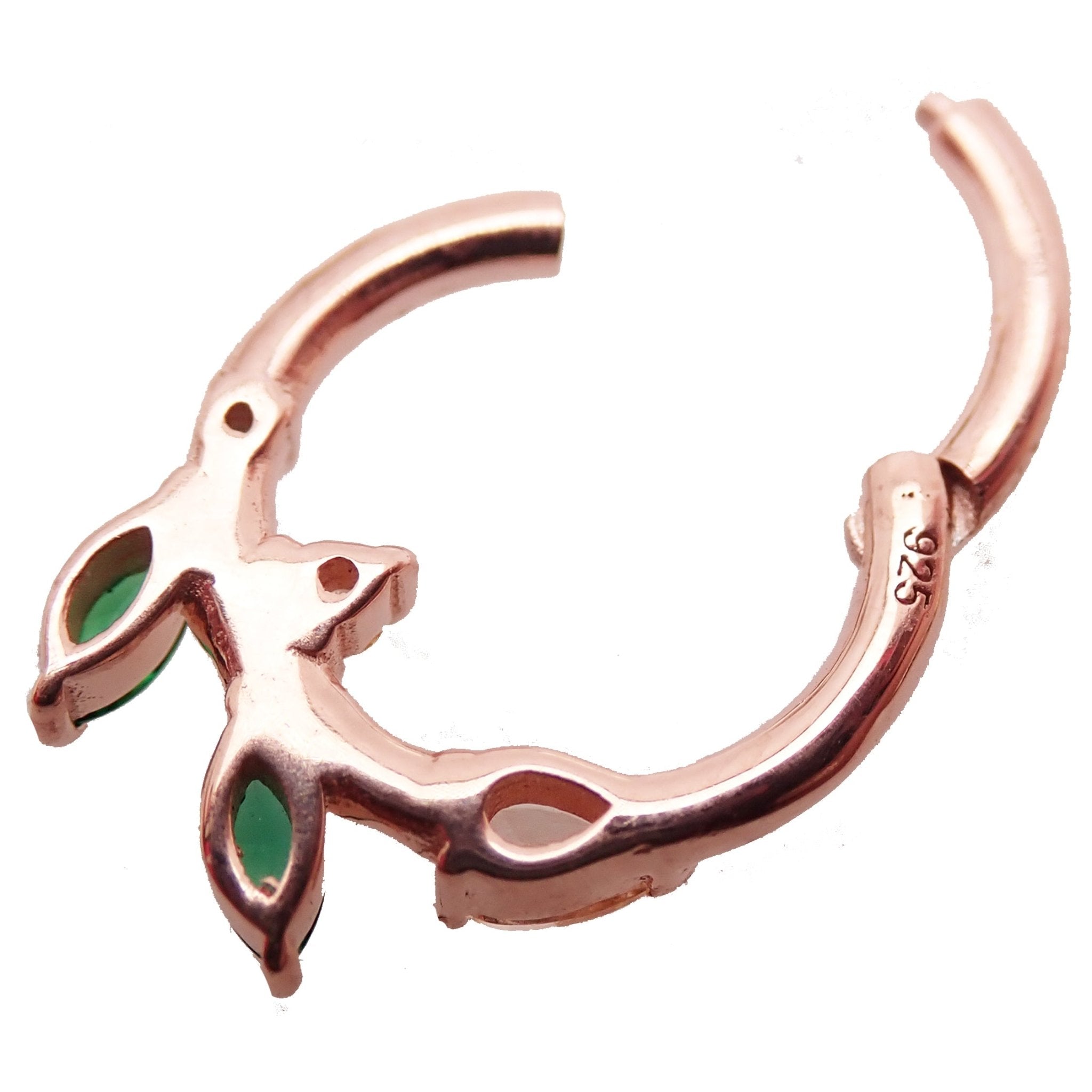 Sterling silver 925 leaf hinged clicker earring with emerald green cubic zirconia from Magpie Body Jewelry