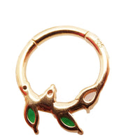 Sterling silver 925 leaf hinged clicker earring with emerald green cubic zirconia by Magpie Body Jewelry.