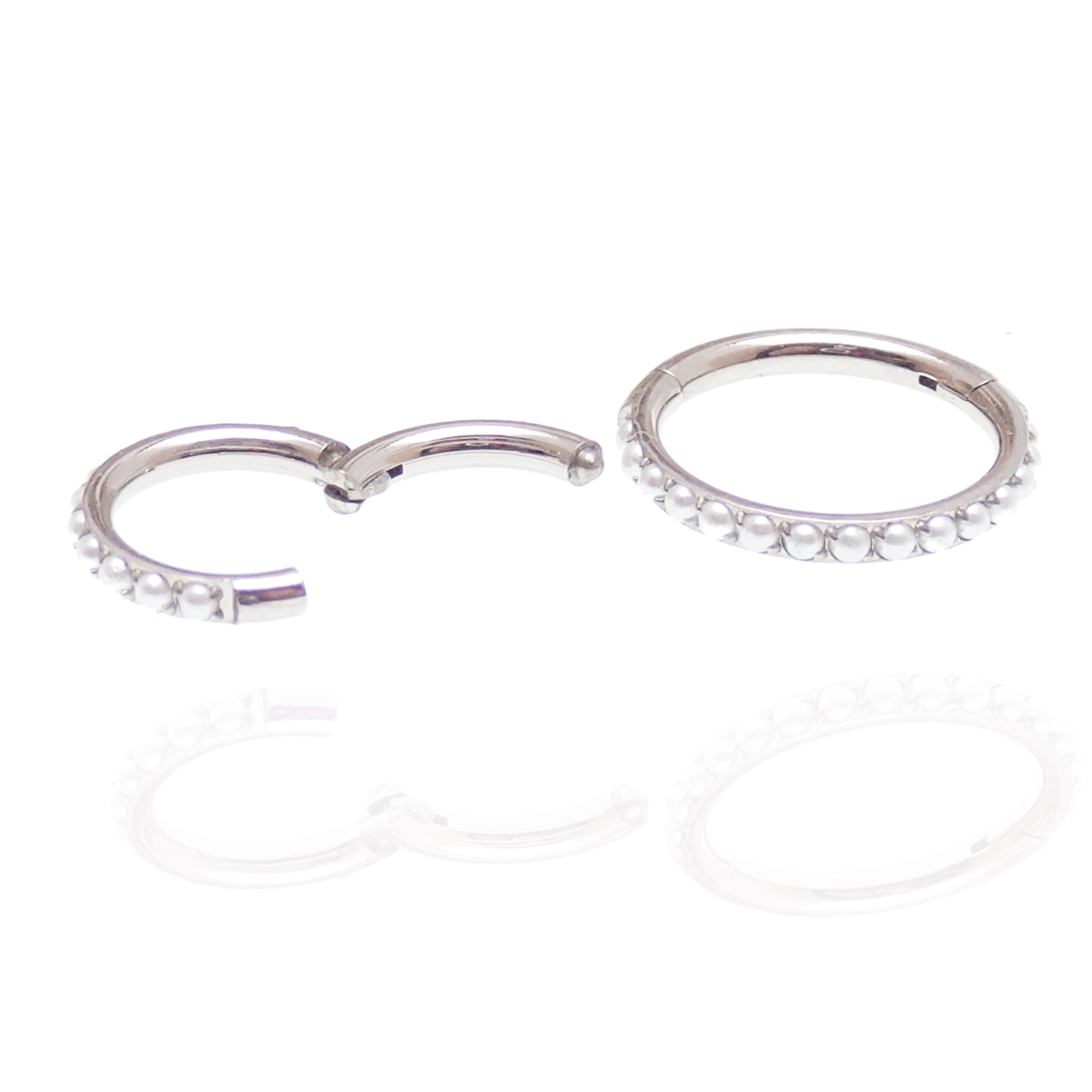 Magpie pearl titanium hinged clicker ring 16g featuring a 6mm pearl and sleek titanium design for piercing jewelry.