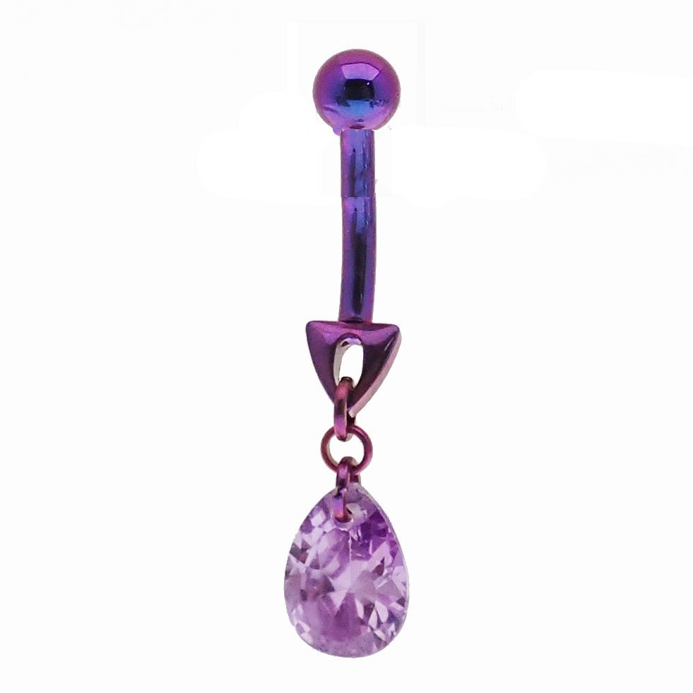 Magpie violet 8mm curve bar belly ring with dangle charm, 14g gauge, featuring a cute design for pierced belly piercing.