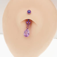 Magpie 14g violet curve bar belly ring with cute dangle design, featuring a curved bar for pierced navel jewelry.
