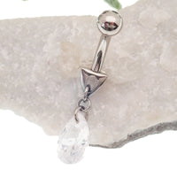 Magpie 14g violet curve bar belly ring with cute dangle design, featuring a curved bar style and 8mm length.