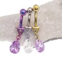 Magpie 14g violet curve bar belly ring with cute dangle design, showcasing the curved bar and decorative dangle element.