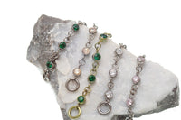 Magpie titanium and CZ ear cuff chain with emerald accents, 32mm or 38mm add-on piercing chain for stylish ear jewelry.
