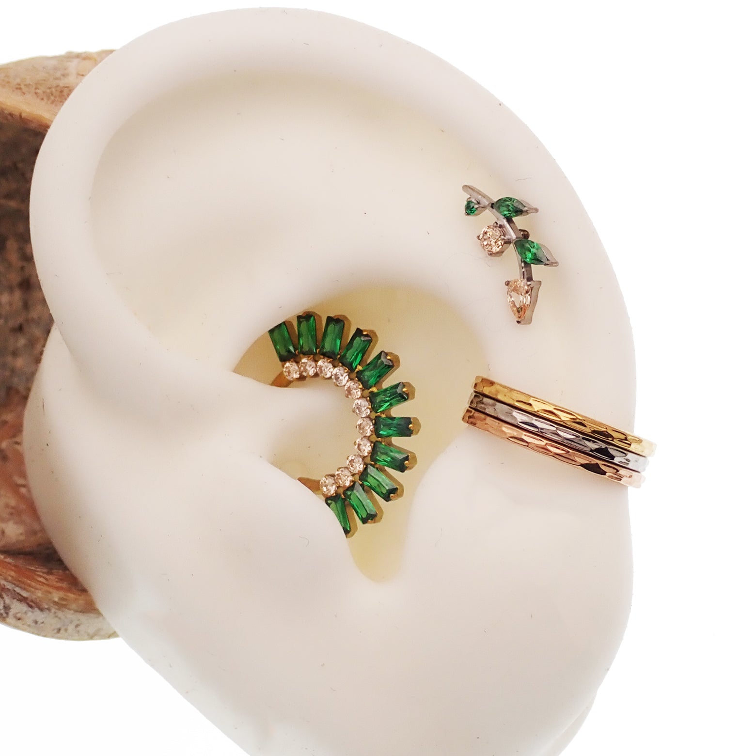 Magpie titanium flat back helix piercing with clear CZ, 18g, 6mm length, internally threaded, vine design, suitable for helix cartilage jewelry.
