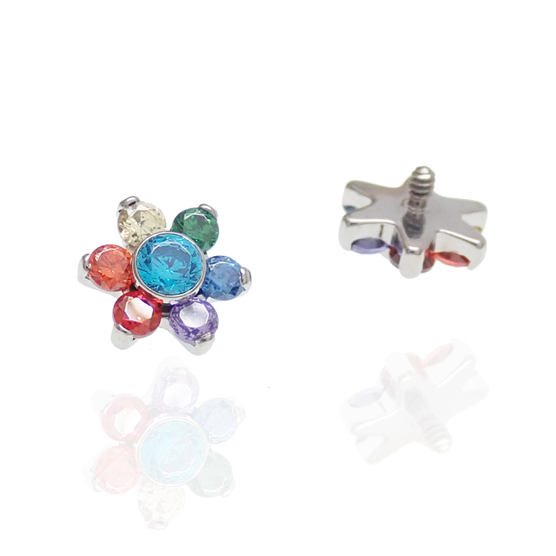 Internally threaded titanium flower top flat back helix earring with multiple CZ stones by Magpie.