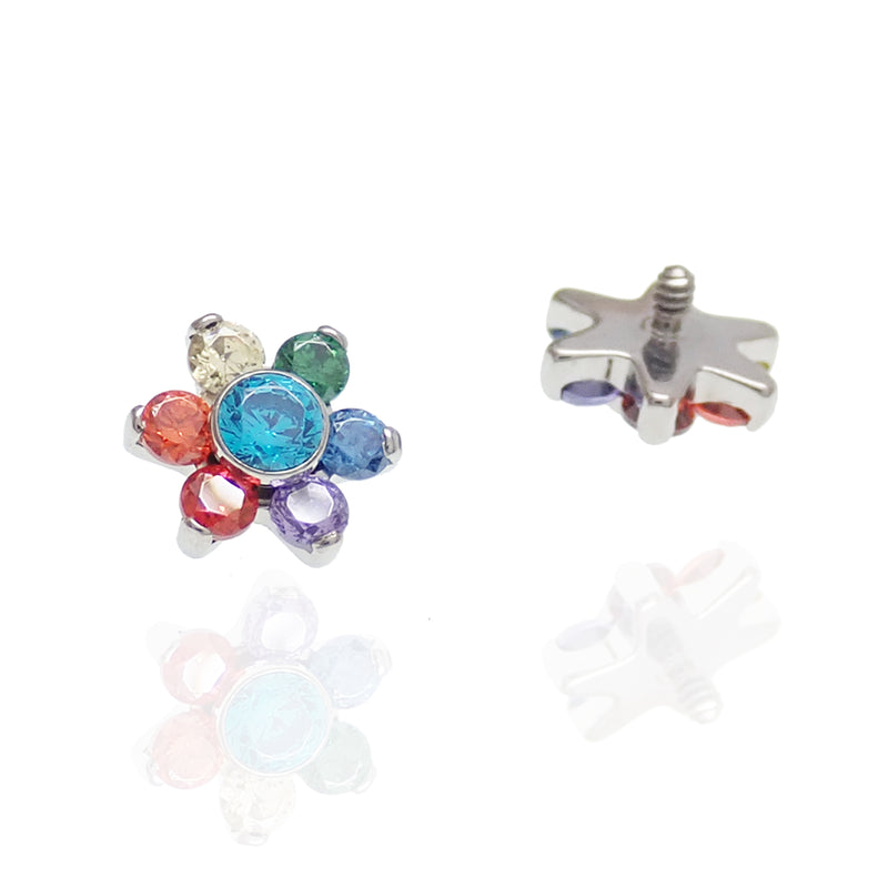 Internally threaded titanium flower top flat back helix earring with multiple CZ stones by Magpie.
