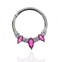 Magpie Cerise and clear titanium hinged clicker 16g for body piercing, featuring vibrant color and durable design