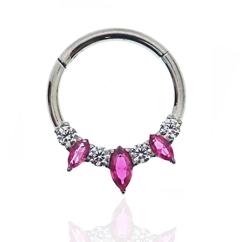 Magpie Cerise and clear titanium hinged clicker 16g for body piercing, featuring vibrant color and durable design