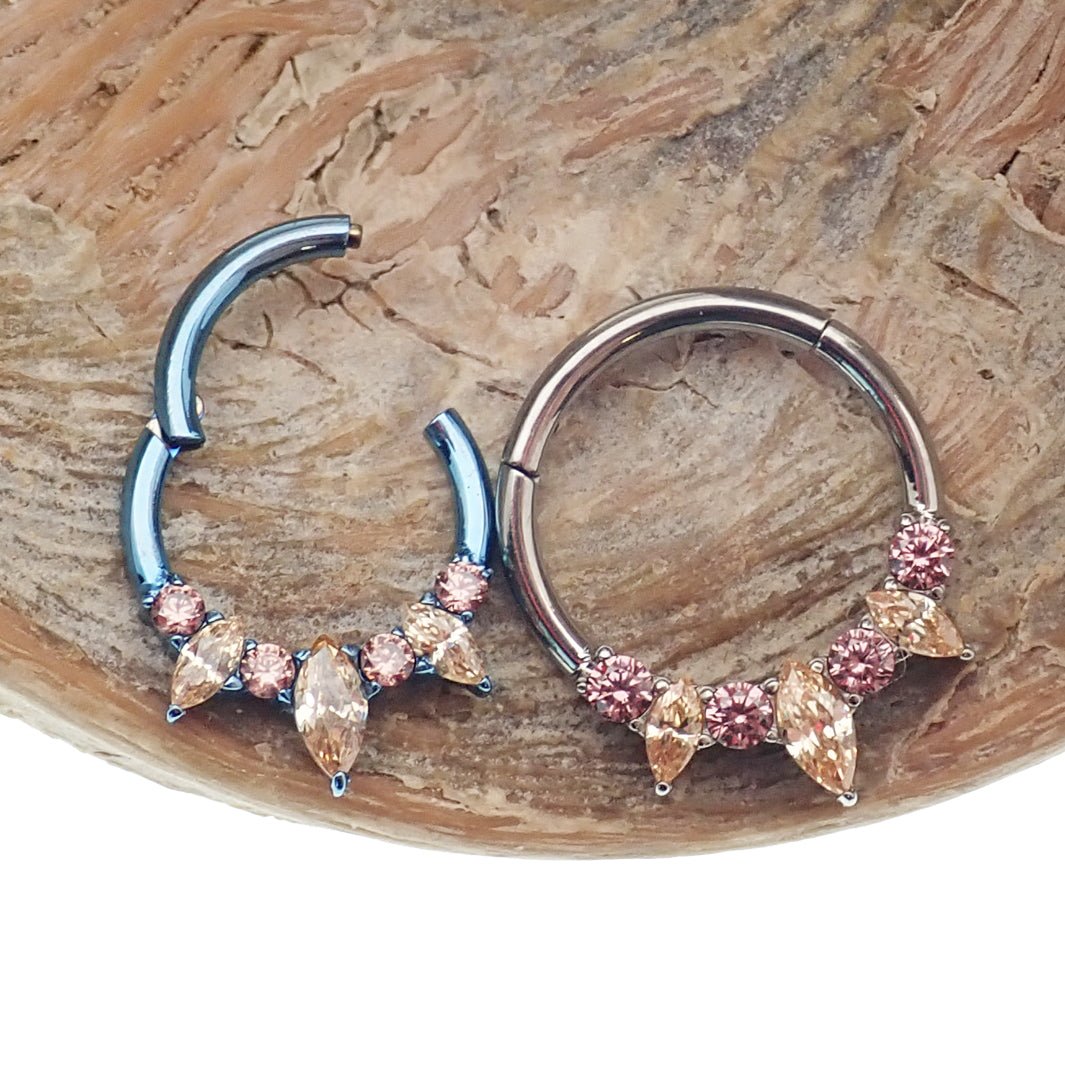 Magpie Champagne and Pink Titanium Hinged Clicker 16g for body jewelry, featuring a sleek, colorful design and secure clasp.